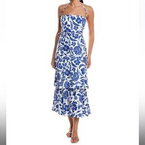 Milly Flowers of Spain Blue and White Floral Linen Blend Midi Dress NWT Size 12